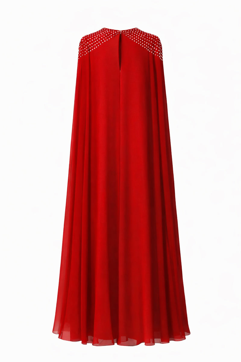 Red silk chiffon kaftan gown by SemSem, featuring flowing fabric and elegant drape, shown from a back view.