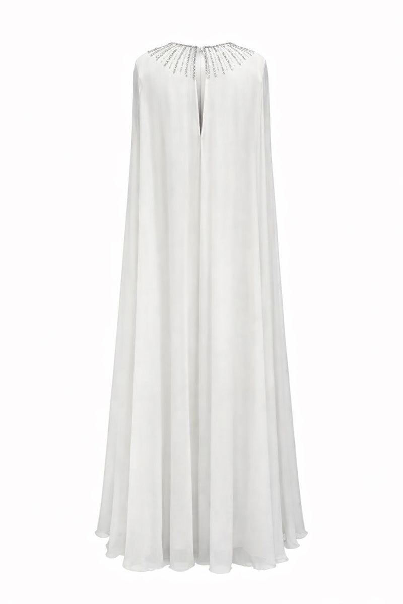 White CULT MIA X SEMSEM silk chiffon kaftan maxi dress with crystal neckline, back view showcasing flowing fabric and elegant design.