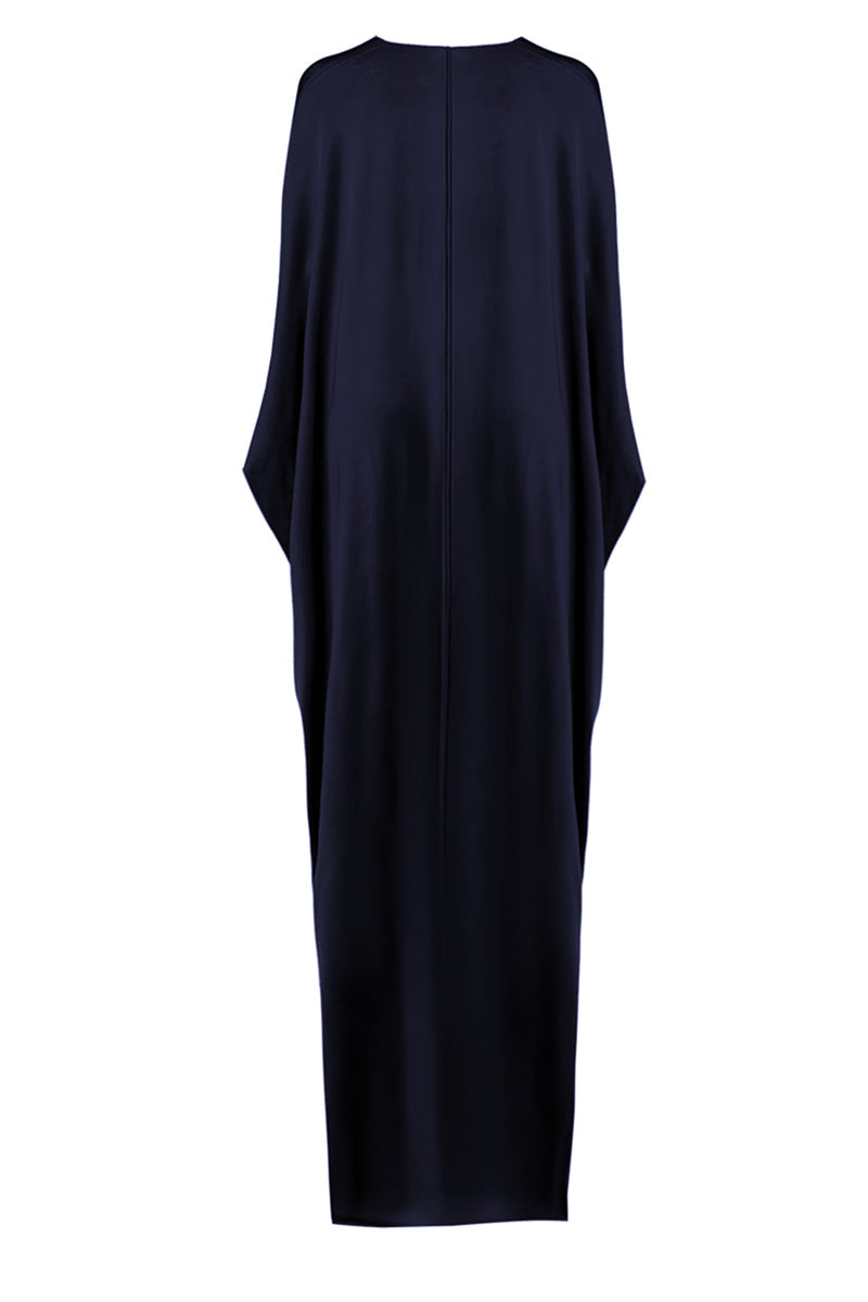 Navy SemSem maxi dress featuring crystal details, shown from the back with a flowing silhouette and elegant design.