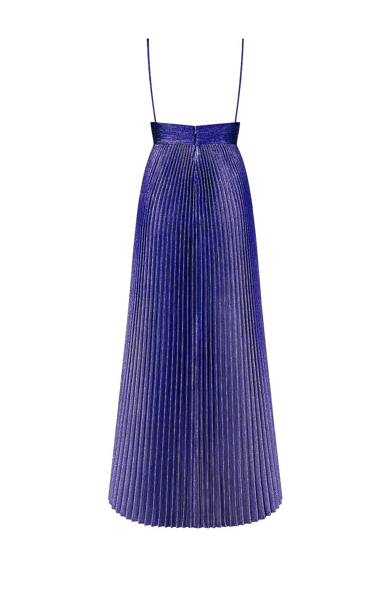 Purple silk-blend plissé lamé maxi gown by SemSem featuring draped design and elegant flowing silhouette.
