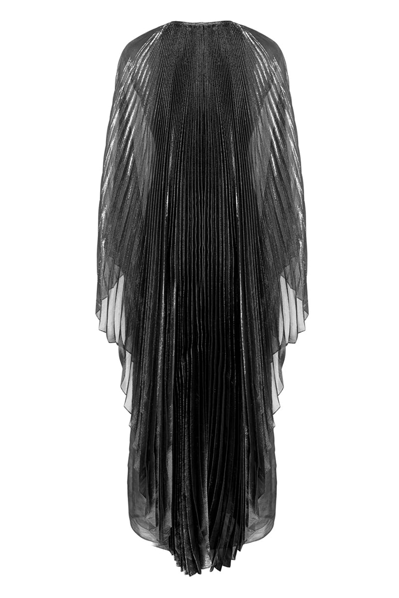 PLEATED SUNRAY KAFTAN WITH HEAD SCARF AND REMOVABLE BELT IN SILVER - CULT MIA