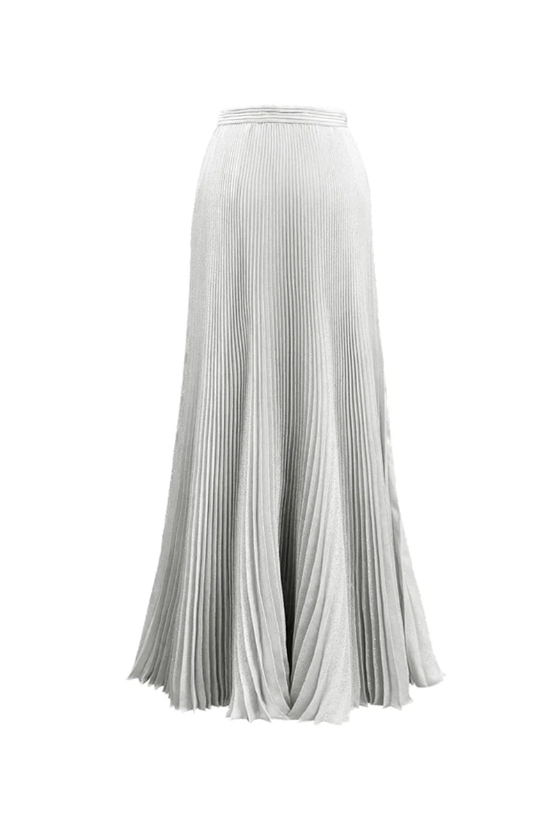 PLEATED SILK METALLIC MAXI SKIRT IN WHITE AND SILVER - CULT MIA