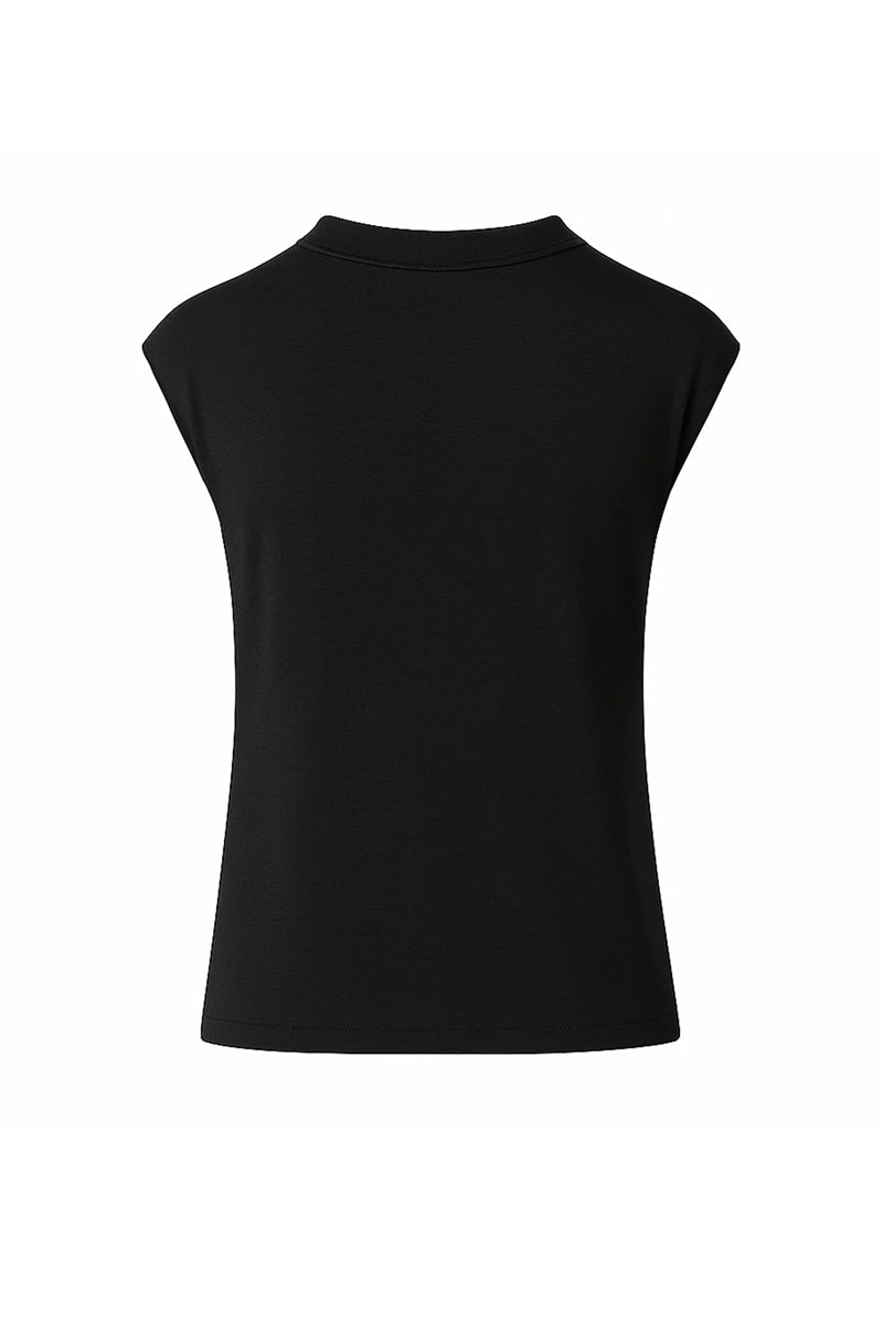 Black jersey top by SemSem featuring gold hardware, displayed on a mannequin with a sleek, modern design.