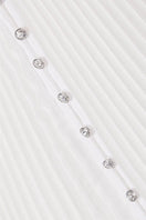 White crystal-embellished plissé satin maxi dress by SemSem, featuring elegant draping and intricate detailing.
