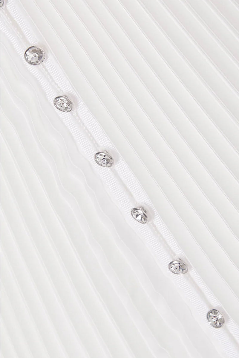 White crystal-embellished plissé satin maxi dress by SemSem, featuring elegant draping and intricate detailing.
