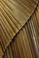 Gold metallic pleated maxi skirt by SemSem, featuring flowing fabric and a shiny, reflective finish.