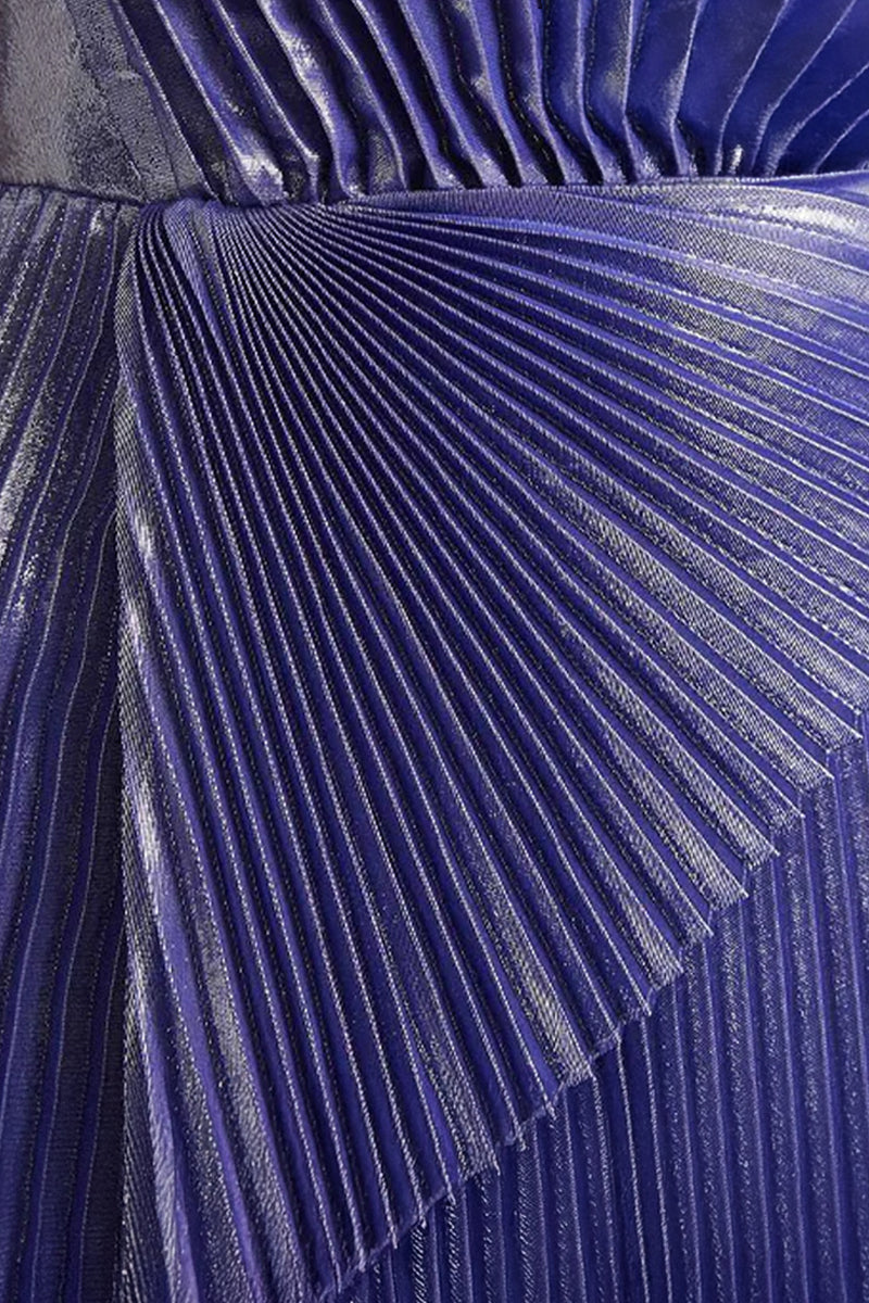 Elegant purple silk-blend draped maxi gown with plissé lamé detailing from SemSem, featuring flowing fabric and a sophisticated silhouette.
