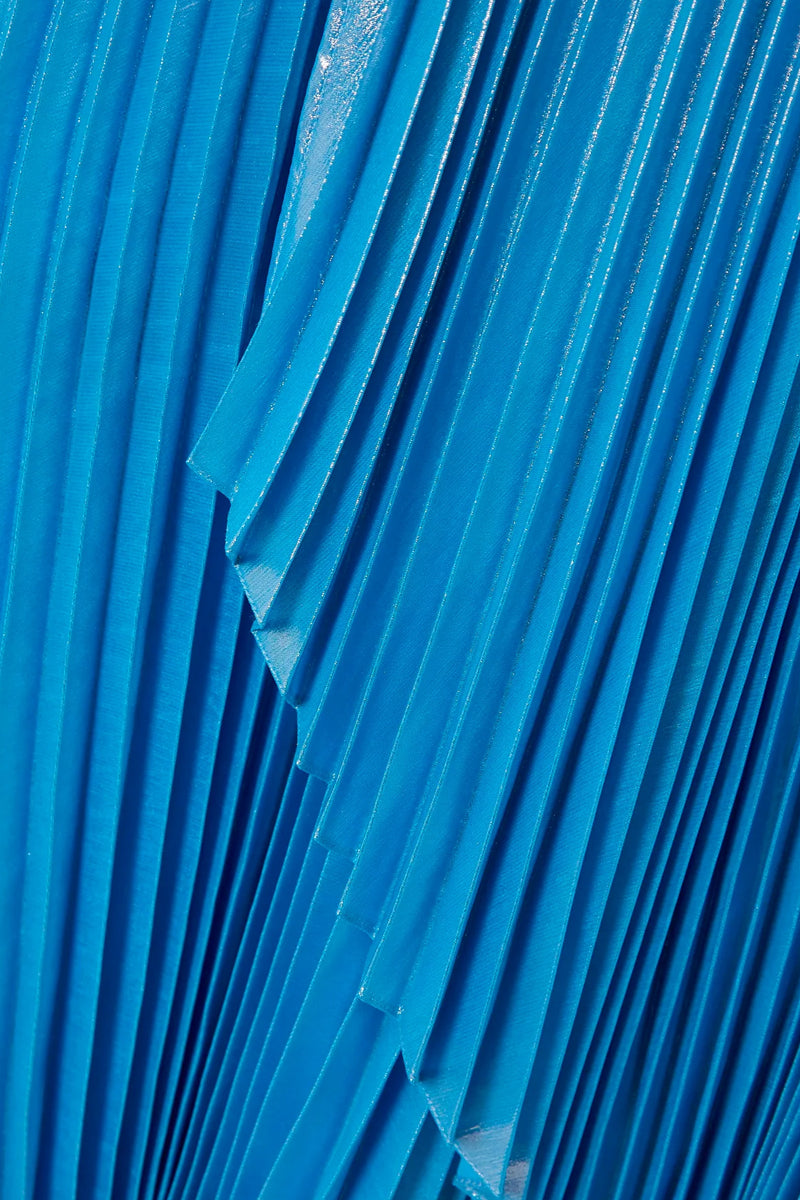 CAPRI DRAPED PLISSÉ-LAMÉ GOWN IN BLUE - CULT MIA