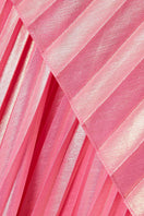Pink metallic one-shoulder draped plissé maxi dress by SemSem showing flowing fabric and elegant design.