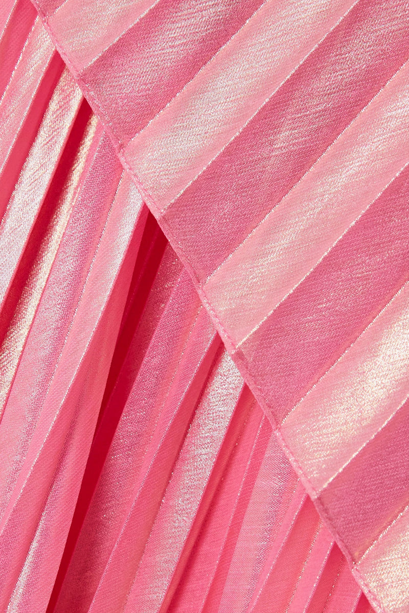Pink metallic one-shoulder draped plissé maxi dress by SemSem showing flowing fabric and elegant design.