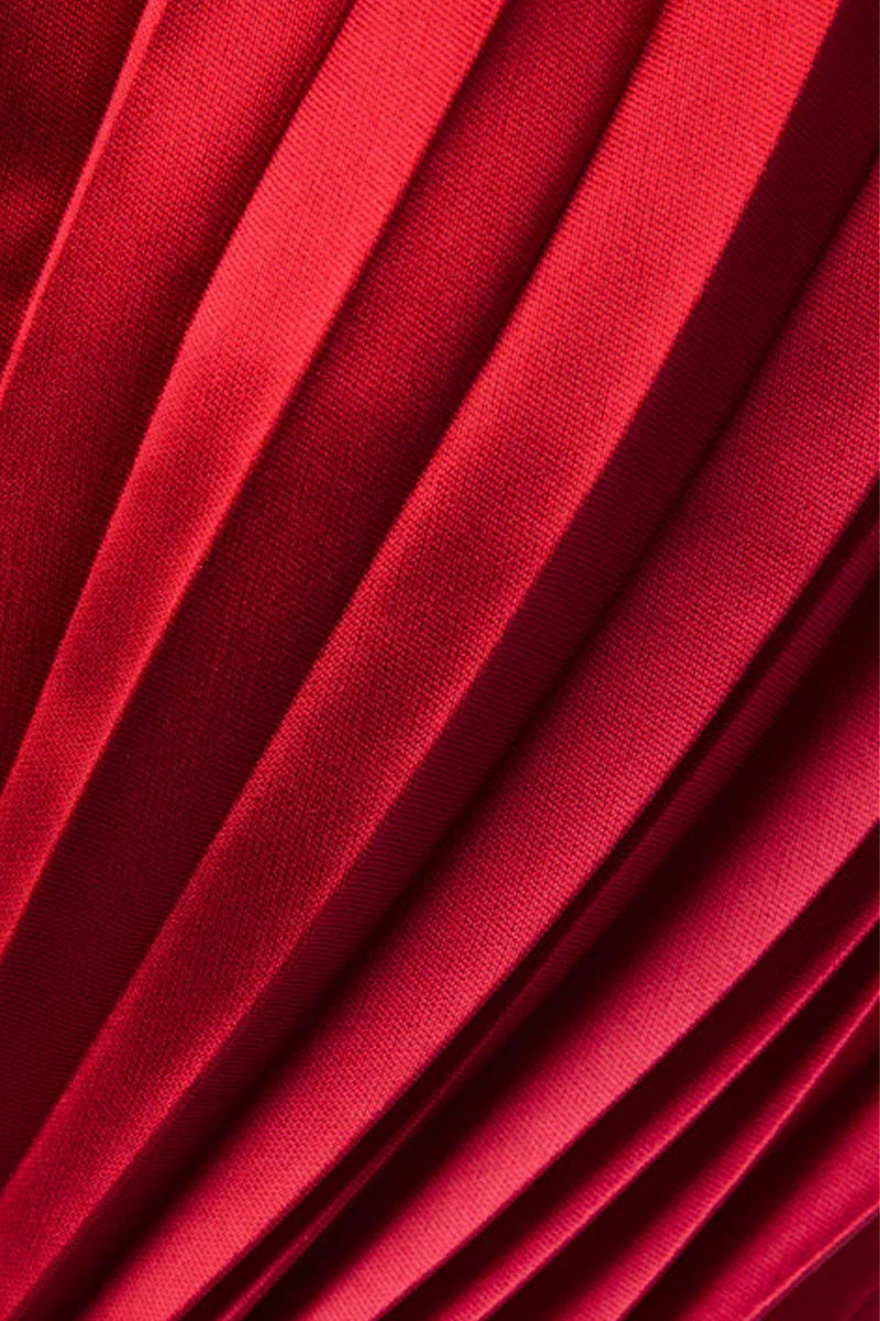 Red satin cropped plissé bustier top by SemSem with adjustable straps and structured sweetheart neckline.