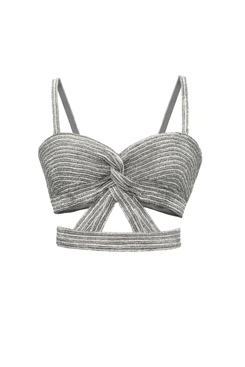 CRYSTAL CORD EMBELLISHED TOP IN SILVER - CULT MIA
