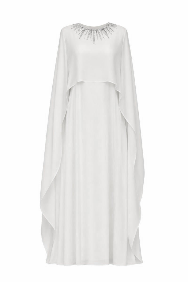 CULT MIA X SEMSEM SILK CHIFFON KAFTAN WITH CRYSTAL NECKLINE IN WHITE