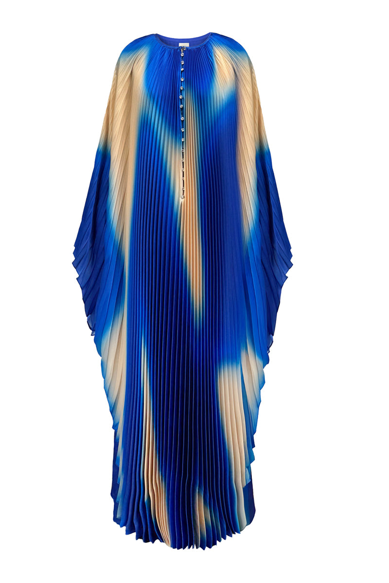 PRINTED PLEATED KAFTAN DRESS IN OMBRÉ PRINT