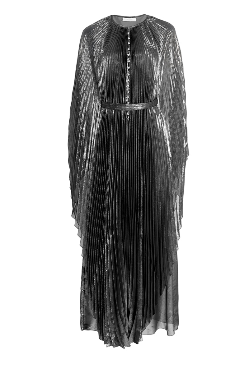 PLEATED SUNRAY KAFTAN WITH HEAD SCARF AND REMOVABLE BELT IN SILVER - CULT MIA
