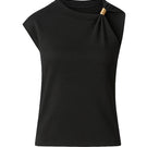 Black SemSem jersey top with gold hardware, featuring a sleek front design and stylish details.