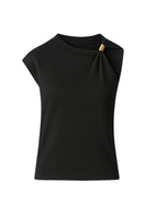 Black SemSem jersey top with gold hardware, featuring a sleek front design and stylish details.