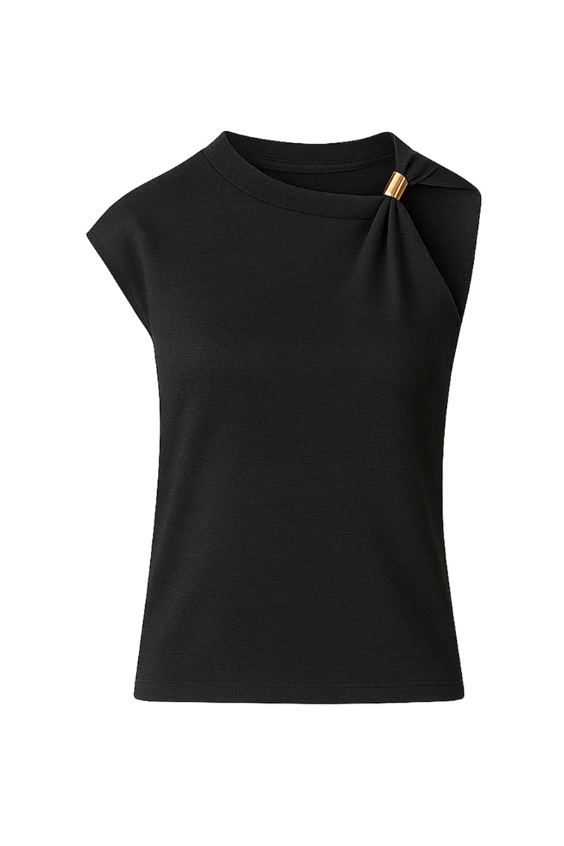 Black SemSem jersey top with gold hardware, featuring a sleek front design and stylish details.