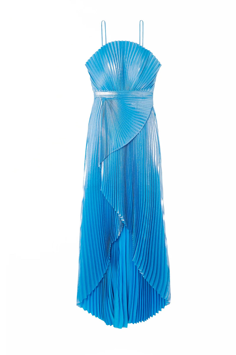 CAPRI DRAPED PLISSÉ-LAMÉ GOWN IN BLUE - CULT MIA