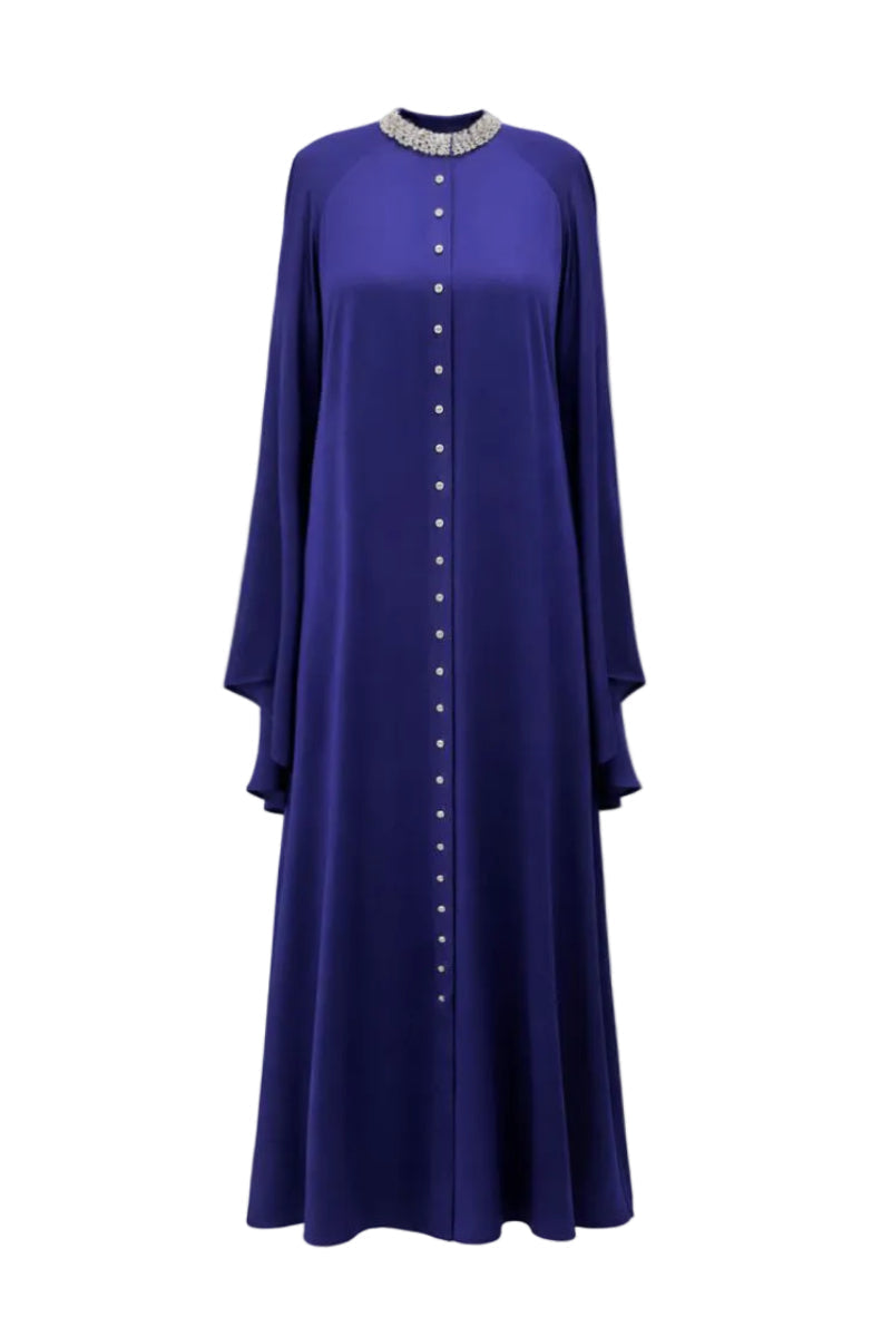 SemSem Cult Mia X silk kaftan dress with crystal embellishments in indigo, showcasing a flowing maxi dress with intricate details.