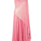 Pink metallic one-shoulder draped plissé maxi dress by SemSem, featuring flowing fabric and elegant design.
