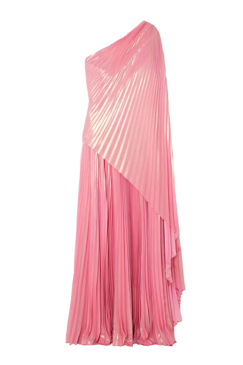 ONE-SHOULDER DRAPED PLISSÉ-LAMÉ MAXI DRESS IN PINK METALLIC - CULT MIA