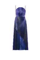 Purple draped silk-blend plissé lamé maxi gown by SemSem, featuring flowing fabric and elegant silhouette.