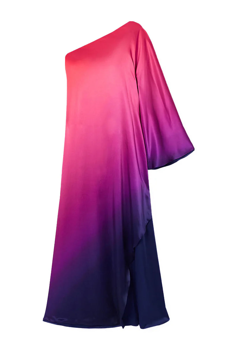 ONE-SHOULDER OMBRÉ SILK-CHARMEUSE KAFTAN IN OMBRE - CULT MIA
