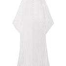 White crystal-embellished plissé satin maxi dress by SemSem, featuring a flowing silhouette and elegant design.