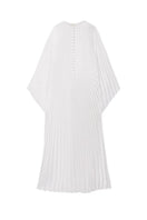 White crystal-embellished plissé satin maxi dress by SemSem, featuring a flowing silhouette and elegant design.