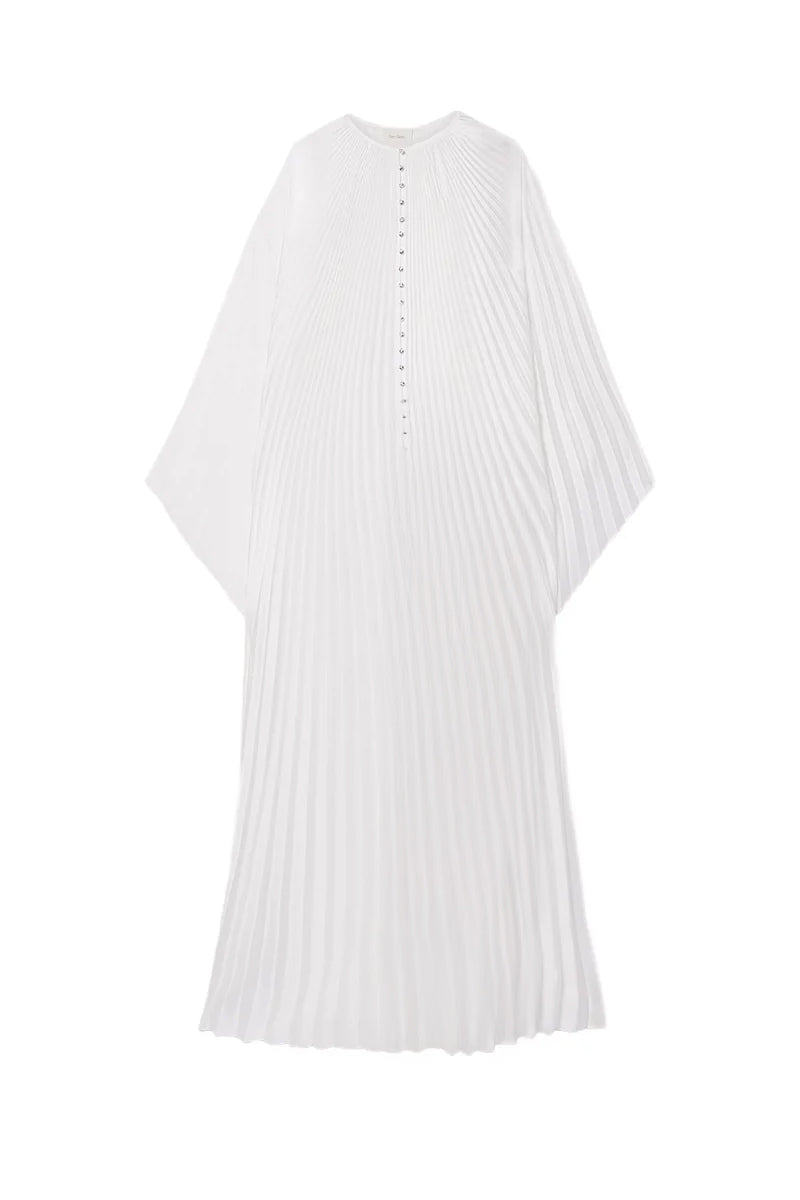 White crystal-embellished plissé satin maxi dress by SemSem, featuring a flowing silhouette and elegant design.