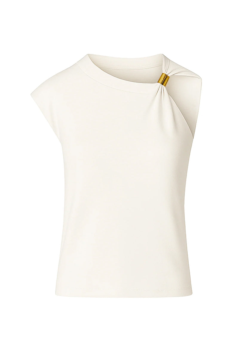 Ivory jersey top by SemSem featuring gold hardware, shown from the front with a sleek, fitted design and stylish details.