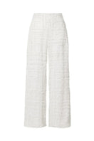 White silk chiffon embellished wide-leg pants by SemSem, shown from the front view with flowing fabric and intricate embellishments.