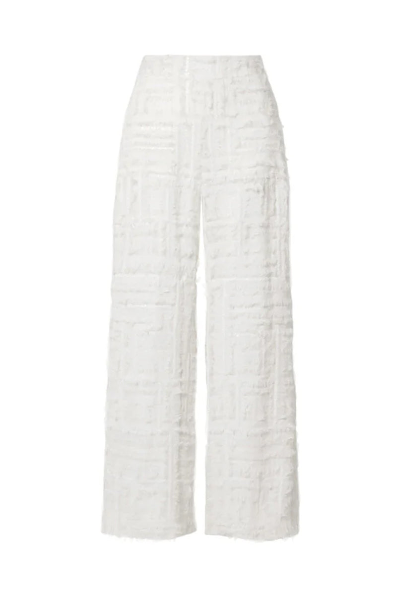 White silk chiffon embellished wide-leg pants by SemSem, shown from the front view with flowing fabric and intricate embellishments.
