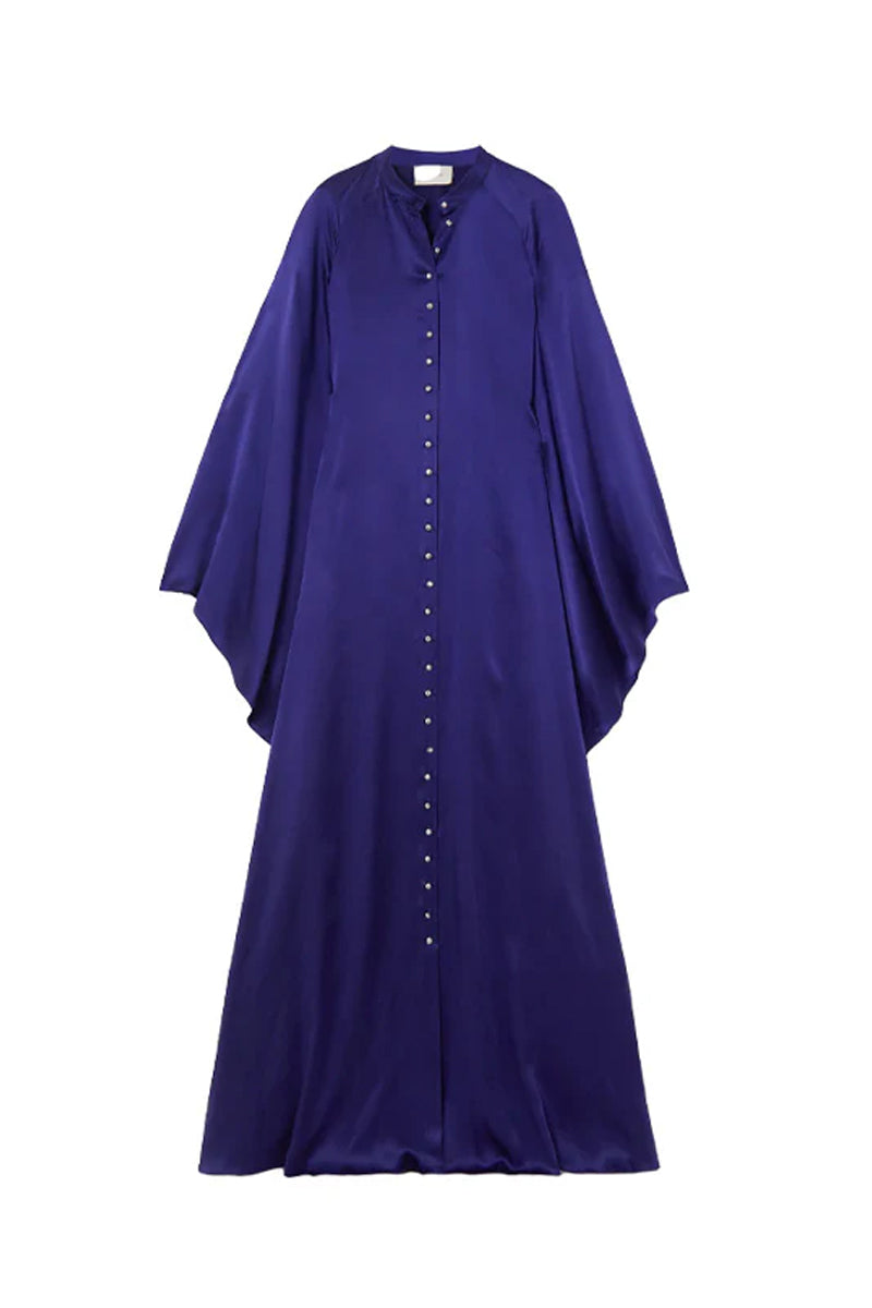 EMBELLISHED SILK-SATIN KAFTAN IN INDIGO - CULT MIA