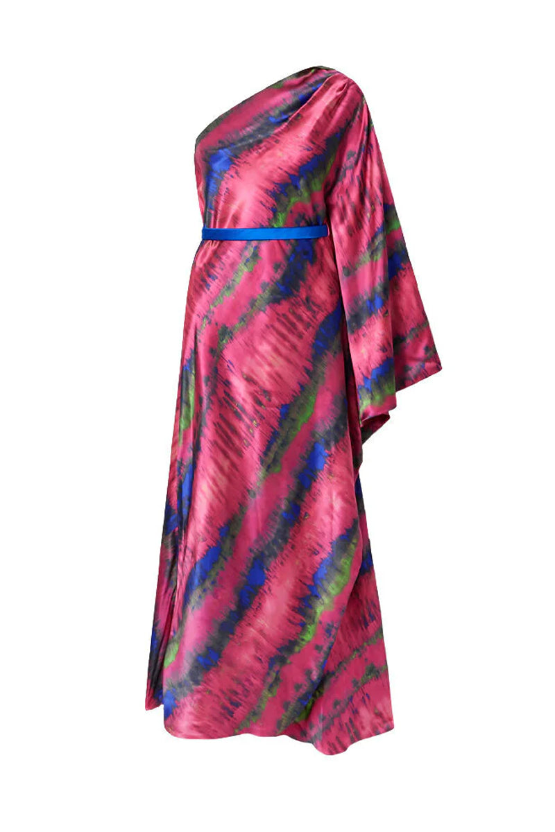 ONE SHOULDER DRAPED TIE-DYED SILK-SATIN MAXI DRESS IN PINK - CULT MIA