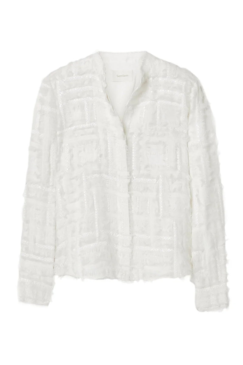 White silk chiffon blouse with embellishments from SemSem, featuring a stylish and elegant top design.