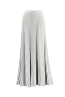 White and silver pleated silk maxi skirt from SemSem featuring a flowing design and metallic sheen, shown from the front.