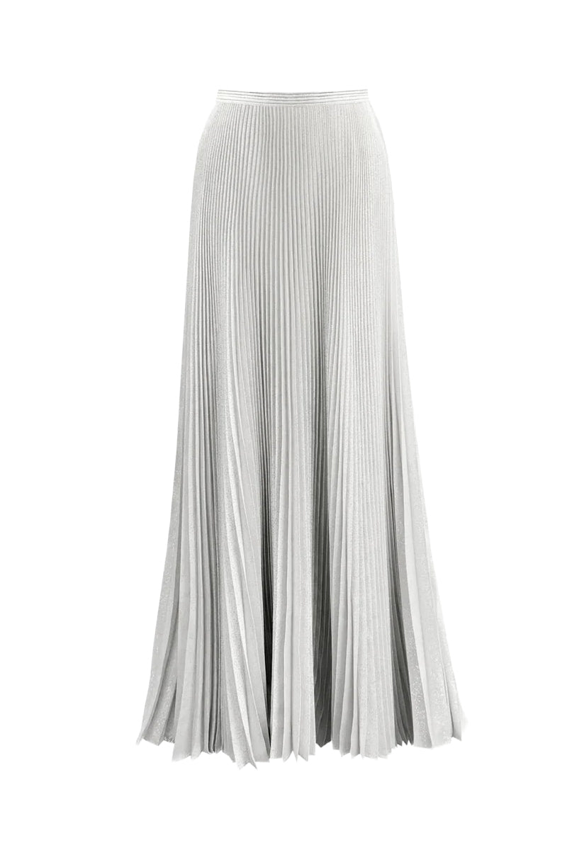 White and silver pleated silk maxi skirt from SemSem featuring a flowing design and metallic sheen, shown from the front.