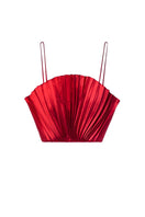 Red SemSem cropped plissé satin bustier top with structured fit and elegant pleats, perfect for stylish tops.