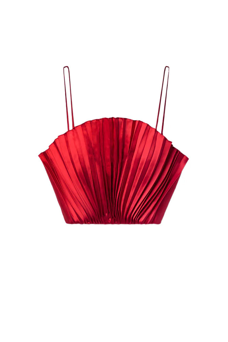 Red SemSem cropped plissé satin bustier top with structured fit and elegant pleats, perfect for stylish tops.