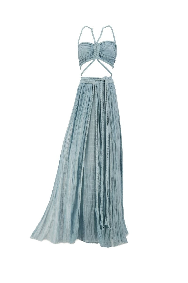 Kasia Kulenty Chiara set in aqua co-ords featuring a stylish matching top and pants ensemble on a white background.