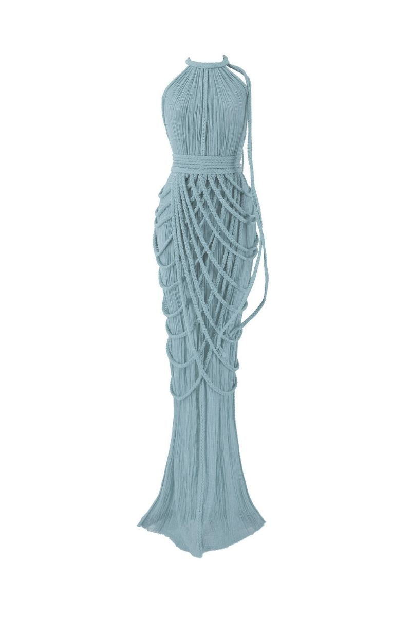 Kasia Kulenty Vera aqua maxi gown with flowing fabric and elegant design, perfect for formal occasions.