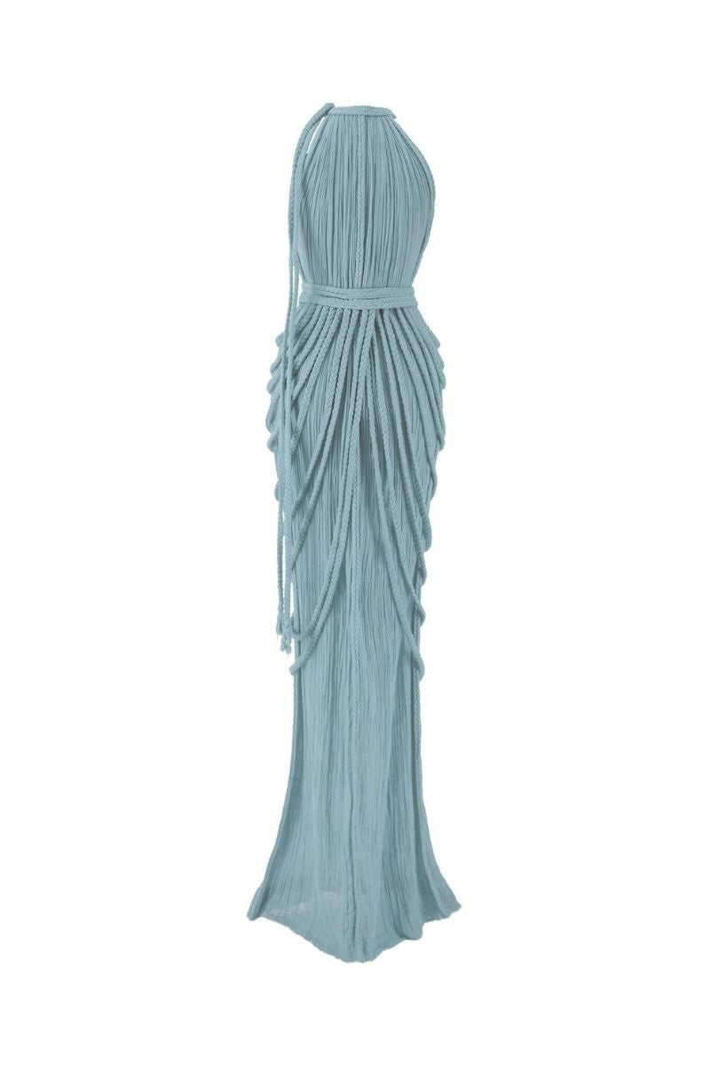 Kasia Kulenty Vera aqua maxi gown with flowing fabric and elegant design, perfect for formal occasions.