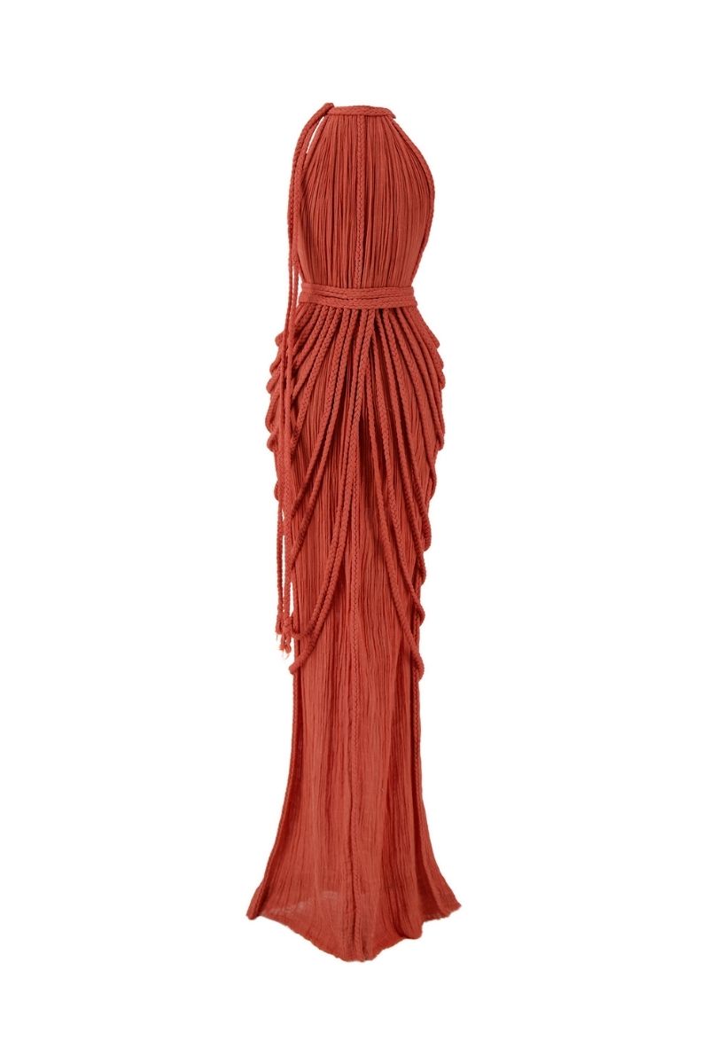 Kasia Kulenty Vera Terra maxi gown in earthy tones, flowing fabric with elegant design, perfect for formal occasions.