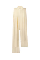 Warm ivory shirt scarf with silk fringe from DELEGAN displayed on ghost mannequin, showing front view of the stylish accessory.