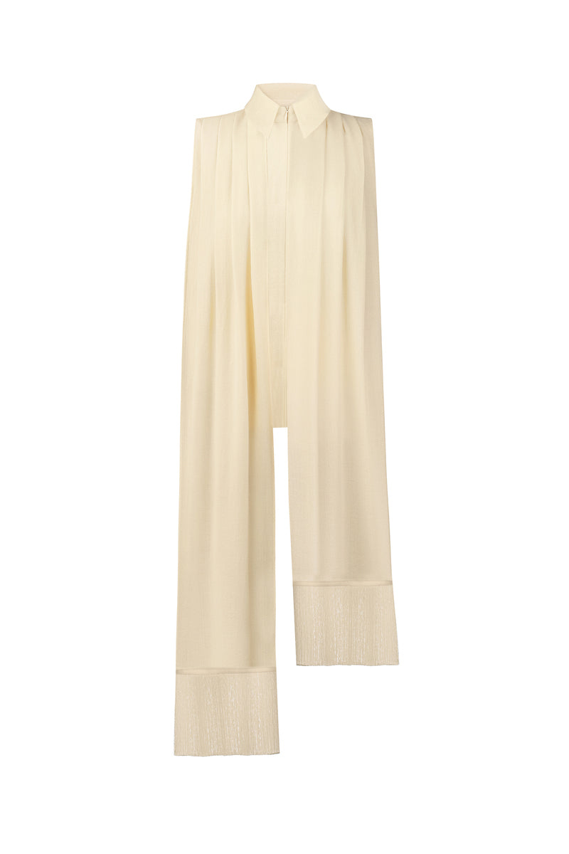 Warm ivory shirt scarf with silk fringe from DELEGAN displayed on ghost mannequin, showing front view of the stylish accessory.