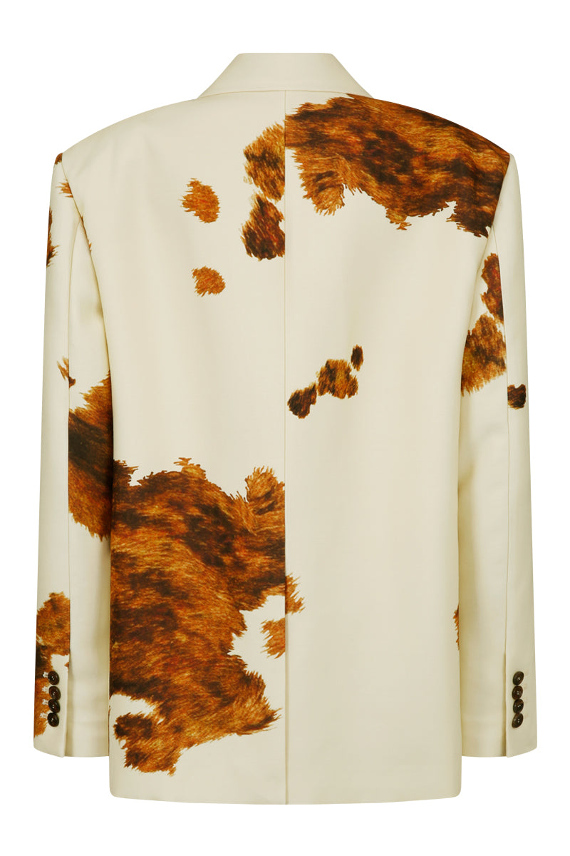 JINSUN printed wool silk jacket in pale yellow, showcasing lightweight fabric and stylish design on a model.