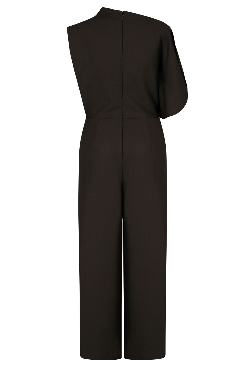 JINSUN FILANTE wool brown jumpsuit, front view, stylish long-sleeve one-piece outfit with a fitted waist and modern silhouette.