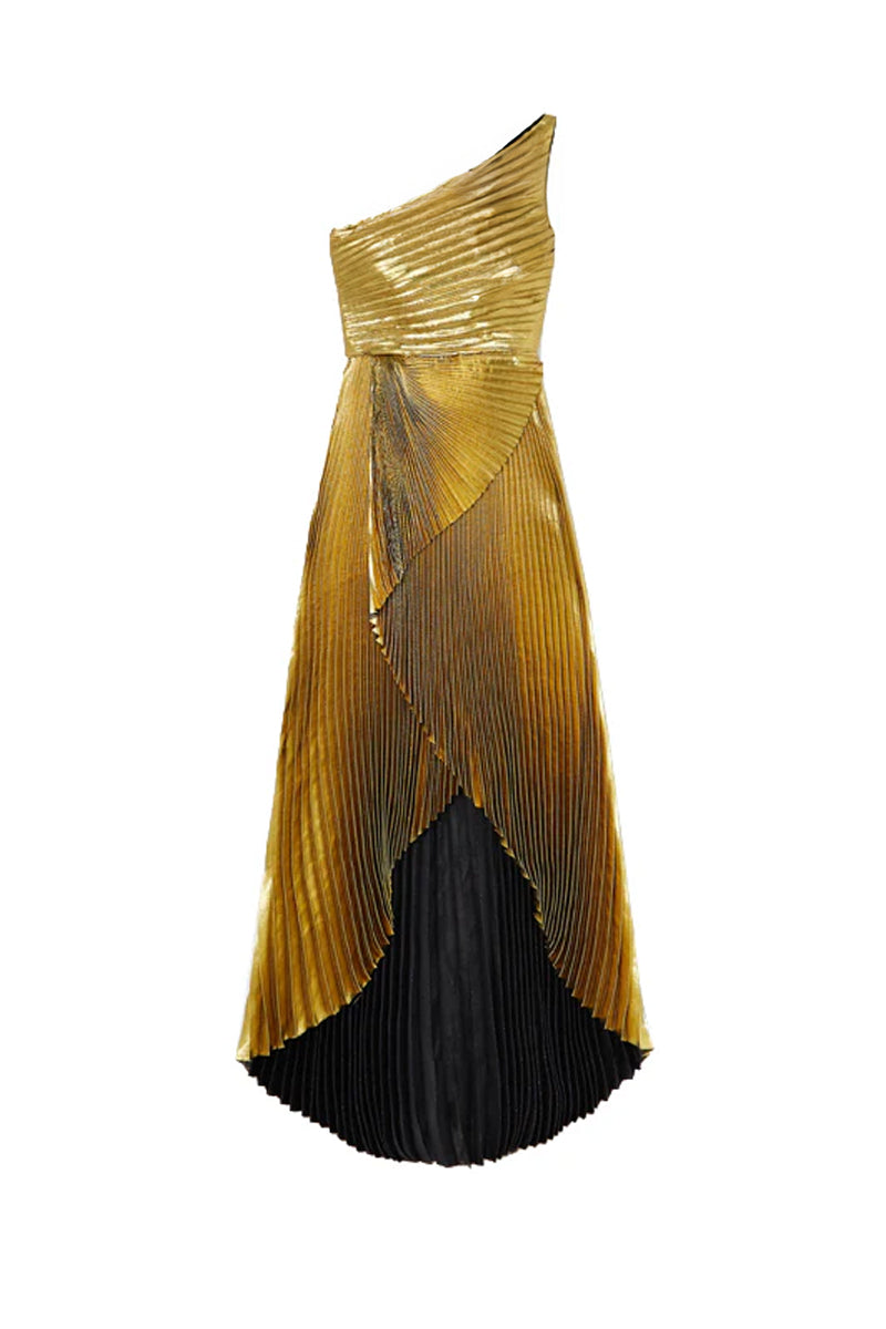 GOLD PLISSÉ ONE SHOULDER DRESS IN GOLD - CULT MIA